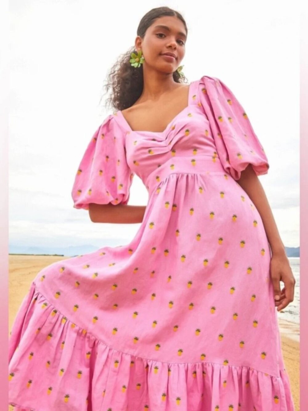 FARM Rio Pink Pineapple-Embroidered Midi Dress